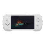KONKRPOCKETFITWHITELISTINGDONE01 DROIX Global A front on view of a white KONKR Pocket Fit handheld gaming console against a dark green background The screen displays a video game scene featuring a small boat in a dark cave The console has a D pad and analog stick on the left and face buttons and an analog stick on the right