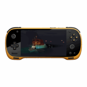 A front-on view of a black and yellow KONKR Pocket Fit handheld gaming console against a dark green background. The screen displays a video game scene featuring a small boat in a dark cave. The console has a black D-pad and analog stick on the left, and yellow-colored face buttons and an analog stick on the right.