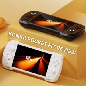 A thumbnail image for a video review of the KONKR POCKET FIT handheld gaming console. The image features two consoles: a black one resting on a raised yellow block in the background, and a white one angled in the foreground. Both screens display a matching glowing orange and black abstract design. Large, yellow text reading "KONKR POCKET FIT REVIEW" is overlaid across the center of the image. The background is yellow with soft lighting.