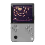 AYANEOPOCKETDMGSILVERLISTINGDONE01 DROIX Global A front on view of the AYANEO Pocket DMG handheld gaming console in a silvergrey color set against a black background The console has a vertical Game Boy inspired form factor with a large screen displaying a retro style pixel art game featuring a cloud like boss and orange projectiles The controls include a prominent grey D pad on the left grey A B X Y face buttons on the right and a black analog stick positioned below the D pad The AYANEO POCKET DMG logo is visible below the screen