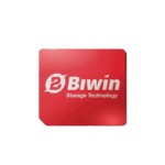 The logo for Biwin Storage Technology featuring a stylized white B and the text Biwin Storage Technology in white on a glossy red square card set against a dark green background