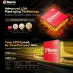 A promotional graphic for the Biwin Mini SSD focusing on its compact size and speed The top section highlights the Advanced LGA Packaging Technology by comparing the 1TB red SSD card to various global coins GBP EUR USD The bottom section features the card again advertising sequential read speeds up to 3700 MBs and write speeds up to 3400 MBs and listing technical specs like PCIe 40 x2 interface and NVMe 14 protocol