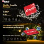 A split view promotional graphic highlighting the durability and compatibility of the Biwin Mini SSD The top panel shows the red SSD card in a splash of water advertising 3 Meter Drop Resistance and IP68 Dust and Water Resistance The bottom panel shows the SSD card surrounded by digital content cubes titled Universal Compatibility Seamless Connectivity with icons listing compatible devices like Smartphones Laptops Cameras and NAS Systems