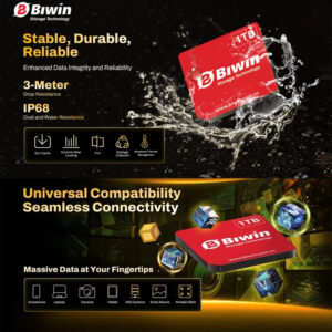 A split-view promotional graphic highlighting the durability and compatibility of the Biwin Mini SSD. The top panel shows the red SSD card in a splash of water, advertising 3-Meter Drop Resistance and IP68 Dust and Water Resistance. The bottom panel shows the SSD card surrounded by digital content cubes, titled "Universal Compatibility Seamless Connectivity", with icons listing compatible devices like Smartphones, Laptops, Cameras, and NAS Systems.