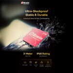A promotional graphic focusing on the extreme durability of the Biwin Mini SSD The red 1TB SSD is shown partially submerged in water with splashes illustrating its Ultra Shockproof features The text highlights 3 Meter Drop Proof and an IP68 Rating DustWaterproof with icons representing data integrity features like SLC Cache Trim and Thermal Management