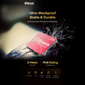 A promotional graphic focusing on the extreme durability of the Biwin Mini SSD. The red 1TB SSD is shown partially submerged in water with splashes, illustrating its Ultra-Shockproof features. The text highlights 3-Meter Drop-Proof and an IP68 Rating (Dust/Waterproof), with icons representing data integrity features like SLC Cache, Trim, and Thermal Management.