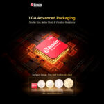 A promotional graphic emphasizing the small size and LGA Advanced Packaging of the Biwin Mini SSD The 1TB red SSD card is magnified and placed on a bed of gold glowing circuitry The bottom features a comparison chart showing the tiny SSD is Only Half the Size of a Coin when compared to a British pound a Euro a Chinese Yuan coin and a US dollar Its size is specified as 15mm x 17mm x 14mm