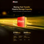 A promotional graphic highlighting the speed and capacity of the Biwin Mini SSD The red 1TB SSD is shown on a background of blurry high speed yellow and orange light trails The title reads Blazing Fast Transfer Massive Storage Capacity Sequential speeds are prominently displayed as 3700MBs read and 3400MBs write with a table listing capacities of 512GB 1TB and 2TB
