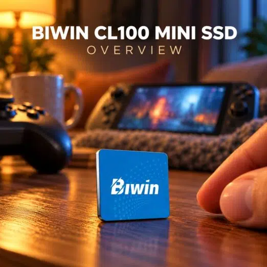 A small blue Biwin Mini SSD standing upright on a wooden table, next to a person's hand, with a handheld gaming console and controller blurred in the background.