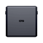 A front view of the black square detachable battery pack for the GPD WIN 5 with the GPD logo subtly centered on its surface The battery is isolated against a black background
