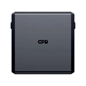 A front view of the black, square, detachable battery pack for the GPD WIN 5, with the GPD logo subtly centered on its surface. The battery is isolated against a black background.