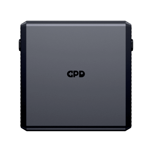A front view of the black square detachable battery pack for the GPD WIN 5 with the GPD logo subtly centered on its surface The battery is isolated against a black background