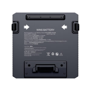 A view of the back panel of the black WIN5 BATTERY pack, which contains detailed specifications and safety warnings. Key visible specifications include: Rated Capacity/额定容量: 5170mAh, Rated Energy/额定能量: 80.04Wh, Rated Voltage/标称电压: 15.48V, and Limited Charge Voltage/充电限制电压: 17.80V. Arrows indicate the direction for insertion into the console. The battery is isolated against a white background.
