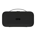 A front on view of the closed black hard shell carrying case for the GPD WIN 5 featuring a centered handle and a black GPD logo The case is isolated against a white background