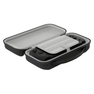 An angled, open view of the black carrying case. The interior is light grey, and a black GPD WIN 5 console is secured inside the bottom half with a white strap. A grey divider with white stripes covers the screen, and the top half of the case is empty. The case features an integrated carrying handle.
