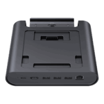 A three quarter frontal view of a black GPD WIN 5 docking station isolated against a black background The dock features an array of ports on the front edge including USB C USB A and an RJ45 Ethernet port The recessed top area is designed to hold the GPD WIN 5 and includes a connector for charging and data