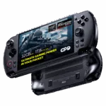 GPDWIN5INFOGRAPHIC38532101 DROIX Global A dynamic shot of two black GPD WIN 5 handheld gaming consoles on a black background The top device is angled to show its screen which displays a first person shooter game and features prominent overlays 7 screen AMD Ryzen AI Max AMD Radeon 8060S graphics 32GB RAM and 1TB NVMe SSD The bottom device is flipped over showing its ergonomic grips and ventilation grilles