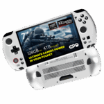 GPD-WIN-5-INFOGRAPHIC-WHITE-395-128-4-01 A dynamic shot of two white GPD WIN 5 handheld gaming consoles on a black background. The top device is angled to show its screen, which displays a first-person shooter game and features prominent overlays: 7" screen, AMD Ryzen AI Max, AMD Radeon 8060S graphics, 128GB RAM, and 4TB NVMe SSD. The bottom device is flipped over, showing its ergonomic grips and ventilation grilles.