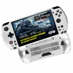 A dynamic shot of two white GPD WIN 5 handheld gaming consoles on a black background. The top device is angled to show its screen, which displays a first-person shooter game and features prominent overlays: 7" screen, AMD Ryzen AI Max, AMD Radeon 8060S graphics, 128GB RAM, and 4TB NVMe SSD. The bottom device is flipped over, showing its ergonomic grips and ventilation grilles.