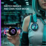A person wearing a teal and grey futuristic outfit has a circular BeamBox eBadge pinned to their chest displaying an anime character In the foreground a hand holds another badge showing the beambox logo with a carousel of different anime style portraits behind it illustrating how users can quickly switch images and own their mood
