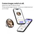 Promotional image for a smart badge showing a silver circular device displaying a kitten Two smartphones are shown next to it displaying an app interface used to switch images and select different themes or skins The text Custom images switch at will is at the top