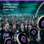 A large excited crowd at a concert or event holds up circular BeamBox eBadges The foreground features several floating badges showing the purple beambox logo Text overlay reads Change your appearance every day and suggests using the badge to show favorite anime games and idols