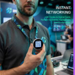 Close up of a man at a professional event wearing a circular BeamBox eBadge on a patterned lanyard He is holding the badge which displays a large QR code on its screen Text to the right says Instant Networking QR Codes  Digital Cards highlighting its use for conferences and hackathons