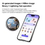 Graphic highlighting content options for the smart badge including AI generated images and a million image library A smartphone shows an app interface with options for single image display or multi photo rotation The physical badge on the left shows a child playing with a white dog by a lake