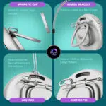 An instructional graphic showing four ways to use the BeamBox eBadge a magnetic clip for jackets and bags a built in stand to use it as a mini desk screen a lanyard for neck wear and a traditional clothes pin The center shows the device with a glowing purple logo