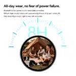 Promotional image emphasizing battery life featuring a circular badge displaying people and a cat sitting outside a tent at sunset A large 8H graphic sits behind the badge to indicate 8 hours of dynamic battery life Text mentions a Bluetooth 54 chip and a 45g weight