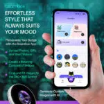 A hand holds a smartphone displaying the BeamBox app interface which features options to upload single images galleries or GIFs Below the menu is a history of uploaded icons including pixel art and cats Text highlights the ability to Generate Custom Images with AI and fit them to the 360x360 screen