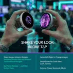 Two hands hold two BeamBox eBadges facing each other with digital light streaks connecting them to show data transfer One shows the logo and the other an anime girl The text explains that users can share images directly between badges with one button press no phone needed