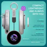 A technical infographic of the BeamBox eBadge showing side and front views Specifications listed include a weight of 011 lbs 52g a 18 inch screen durable ABS and Zinc Alloy construction and a 500 mAh battery providing up to 16 hours of life