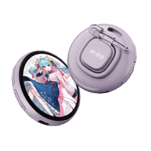 Two circular digital smart badges in a light lavender purple color The front badge features a round LCD screen displaying an anime style girl with blue hair in a pink and blue outfit The rear badge shows the back casing with a safety pin attachment a lanyard hole and the text NN 家族 on a central square button