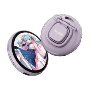 Two circular digital smart badges in a light lavender purple color The front badge features a round LCD screen displaying an anime style girl with blue hair in a pink and blue outfit The rear badge shows the back casing with a safety pin attachment a lanyard hole and the text NN 家族 on a central square button