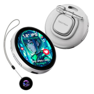 A white electronic badge with a round screen showing a blue green and red anime style girl is shown The screen displays text that reads 18 IPS TOUCHSCREEN and JPG  PNG  GIFS 3S videos with small red heart icons to its side A metal clip is attached to the back of the device The device is hanging on a gray string attached to another smaller round device that is black with a glowing blue purple and green pattern in the center The overall shape and color of the devices are reminiscent of round watches