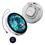 A white electronic badge with a round screen showing a blue green and red anime style girl is shown The screen displays text that reads 18 IPS TOUCHSCREEN and JPG  PNG  GIFS 3S videos with small red heart icons to its side A metal clip is attached to the back of the device The device is hanging on a gray string attached to another smaller round device that is black with a glowing blue purple and green pattern in the center The overall shape and color of the devices are reminiscent of round watches