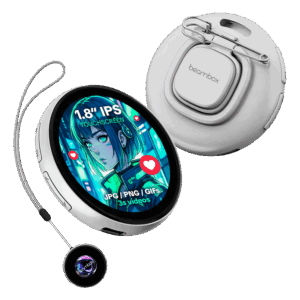 A white electronic badge with a round screen showing a blue green and red anime style girl is shown The screen displays text that reads 18 IPS TOUCHSCREEN and JPG  PNG  GIFS 3S videos with small red heart icons to its side A metal clip is attached to the back of the device The device is hanging on a gray string attached to another smaller round device that is black with a glowing blue purple and green pattern in the center The overall shape and color of the devices are reminiscent of round watches