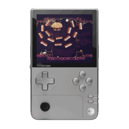 A front-on view of a vertical, gray handheld gaming console called the AYANEO Pocket DMG. The screen displays a colorful retro-style video game with a cluster of enemies. The device features a D-pad, face buttons, and an analog stick below the screen.