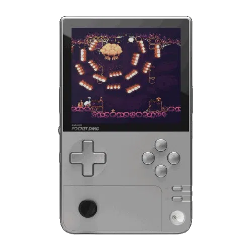 A front-on view of a vertical, gray handheld gaming console called the AYANEO Pocket DMG. The screen displays a colorful retro-style video game with a cluster of enemies. The device features a D-pad, face buttons, and an analog stick below the screen.