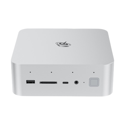 A front-on view of a light gray Beelink GTI14 Mini PC, featuring a minimalist, squarish design. The front panel shows various ports and controls, including two USB ports, an SD card slot, a USB-C port, a headphone jack, and a square power button with a fingerprint reader. A black, stylized logo is on the top surface.