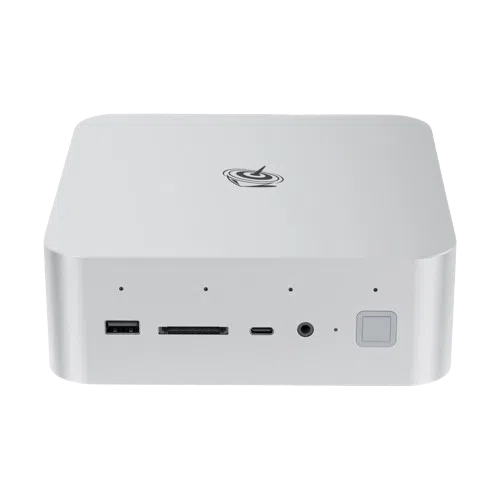 A front-on view of a light gray Beelink GTI14 Mini PC, featuring a minimalist, squarish design. The front panel shows various ports and controls, including two USB ports, an SD card slot, a USB-C port, a headphone jack, and a square power button with a fingerprint reader. A black, stylized logo is on the top surface.