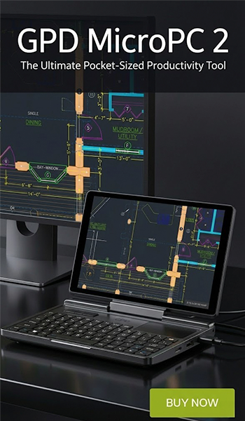 A promotional image for the GPD MicroPC 2 described as The Ultimate Pocket Sized Productivity Tool The device is shown open in laptop mode displaying a CAD or architectural floor plan on its screen The MicroPC 2 is connected to and mirrored on a larger external desktop monitor in the background which also displays the floor plan The image is set against a dark background and a prominent BUY NOW button is in the bottom right corner