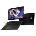 An image featuring the OneXPlayer SuperX a 2 in 1 gaming tablet and laptop The device is shown from three angles Center The tablet stands upright displaying a vibrant fluid abstract wallpaper in shades of purple gold and blue Foreground A slim detachable black keyboard with RGB backlit keys and a trackpad is angled toward the viewer Background The rear of the device is visible showcasing a sleek black matte finish with geometric accents a triangular light up element and the SUPERX logo in a rainbow gradient The overall design is modern and industrial featuring a high resolution display and Harman AudioEFX branding on the back