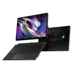 An image featuring the OneXPlayer SuperX a 2 in 1 gaming tablet and laptop The device is shown from three angles Center The tablet stands upright displaying a vibrant fluid abstract wallpaper in shades of purple gold and blue Foreground A slim detachable black keyboard with RGB backlit keys and a trackpad is angled toward the viewer Background The rear of the device is visible showcasing a sleek black matte finish with geometric accents a triangular light up element and the SUPERX logo in a rainbow gradient The overall design is modern and industrial featuring a high resolution display and Harman AudioEFX branding on the back