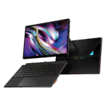 A sleek black portable gaming laptop/tablet hybrid with a detachable RGB-backlit keyboard and a large vibrant display showing a colorful abstract swirl. The device is propped up on a stand, with visible side ports and a modern angular design.
