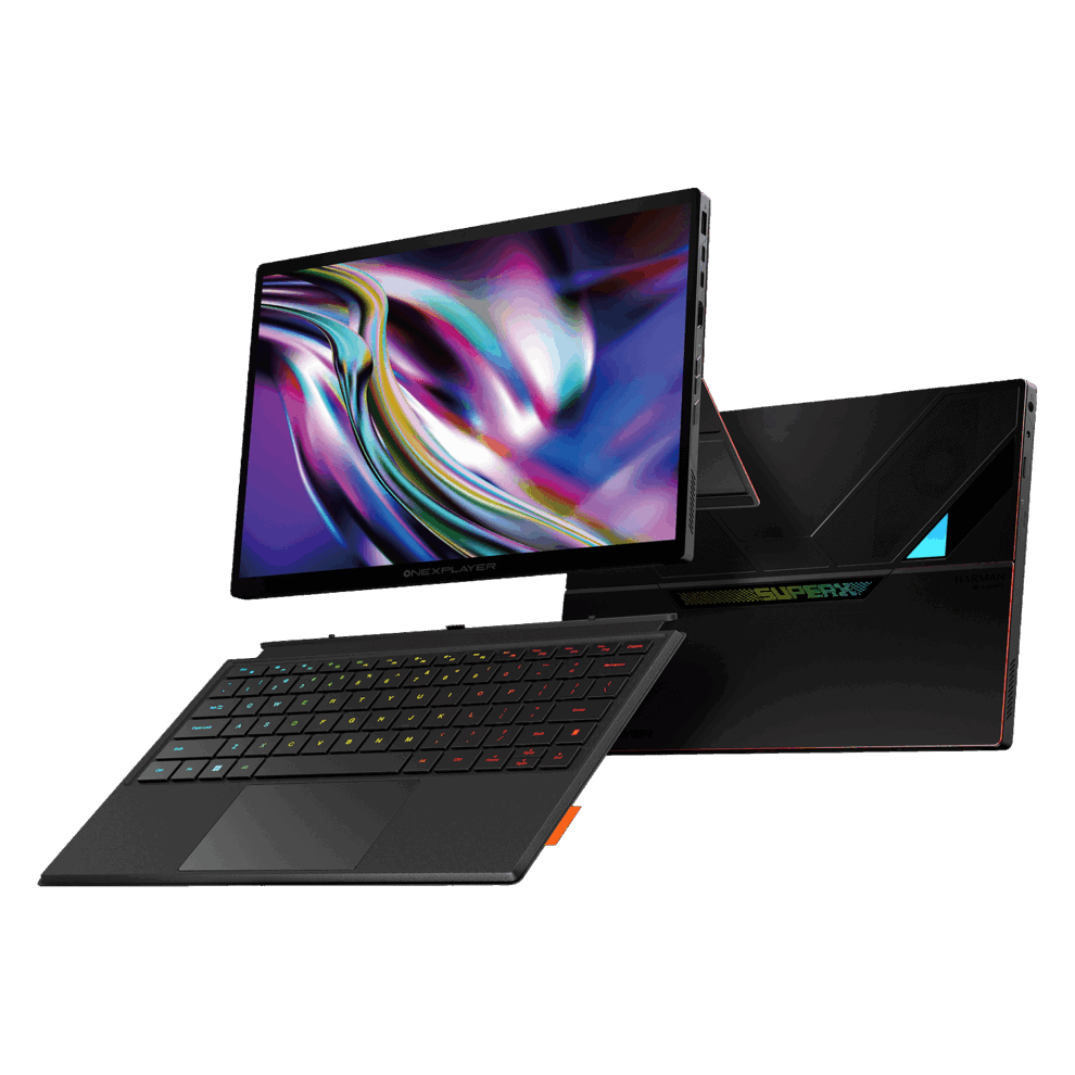 A sleek black portable gaming laptop/tablet hybrid with a detachable RGB-backlit keyboard and a large vibrant display showing a colorful abstract swirl. The device is propped up on a stand, with visible side ports and a modern angular design.