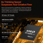 A promotional graphic detailing the AMD Ryzen AI MAX+ processor with Zen 5 architecture 16 cores 32 threads and a total AI compute power of 126 TOPS