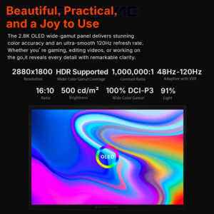 A technical slide for the 2.8K OLED display highlighting its 120Hz refresh rate, 100% DCI-P3 color gamut, and 1,000,000:1 contrast ratio.
