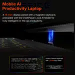 A close up of the magnetic pogo pin connection and the scissor switch keyboard featuring 13mm key travel and RGB lighting